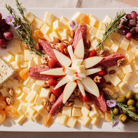 This festive Star-Shaped Appetizer Board features a beautiful arrangement of delicious cheeses, meats, and grapes.
