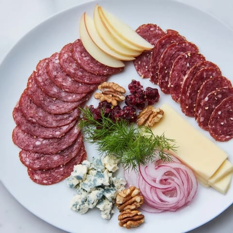 A beautifully arranged reindeer charcuterie platter, featuring smoked meats, cheeses, and lingonberry jam.