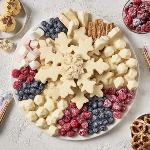 This festive Snowflake Dessert Board looks delicious, with fresh berries and coconut "snow" scattered.