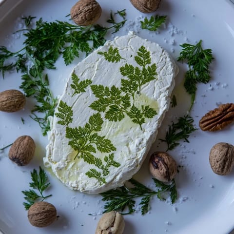 Imagine the Fossil Record appetizer: soft cheese "fossils" dotted with herbs and surrounded by nuts.