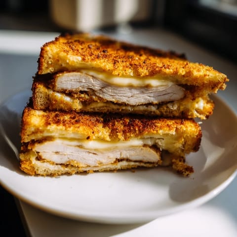 Crispy Parmesan Chicken Thighs Grilled Cheese: golden, bubbly cheese melting around a toasted sandwich, ready to bite.