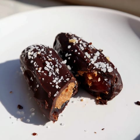 Rich dark chocolate-covered chocolate peanut butter dates sprinkled with flaky sea salt; a perfect snack.