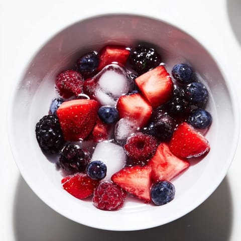 Chilled Nature's Cereal Bowl brimming with fresh blueberries, raspberries, and strawberries floating in clear coconut water with ice cubes.  