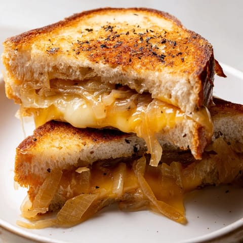 Buttery grilled cheese layered with jammy caramelized onions, melted cheddar, and toasted sourdough slices, served ready to enjoy.  