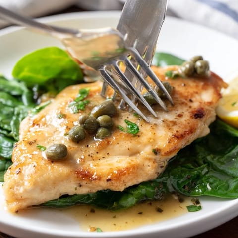 Tender, juicy chicken cutlets coated in a bright, silky lemon butter sauce, topped with fresh parsley and served alongside wilted spinach.