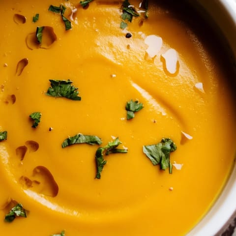 Velvety vegan butternut squash and lentil soup in a white bowl, topped with parsley and served beside gluten-free crusty bread.