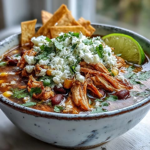 Steaming bowl of Chicken Tortilla Soup topped with avocado, cilantro, and crispy corn tortilla strips.