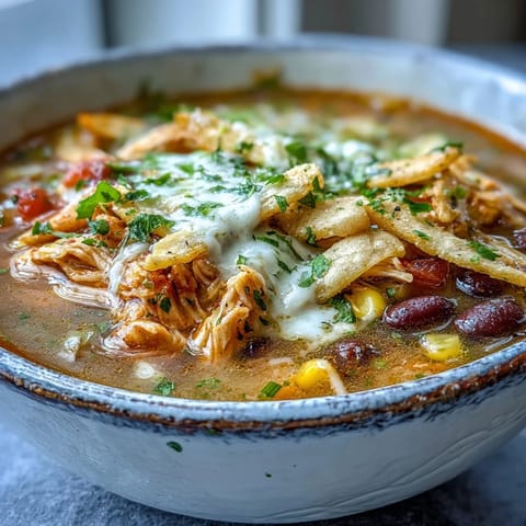 Close-up of creamy Easy Chicken Tortilla Soup in a rustic bowl, featuring tender chicken, black beans, and corn with a lime wedge.