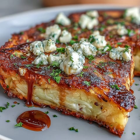 Golden-brown Crispy Cabbage Steaks with Feta and Balsamic rest on a rustic platter, garnished with fresh parsley for a vibrant side dish.