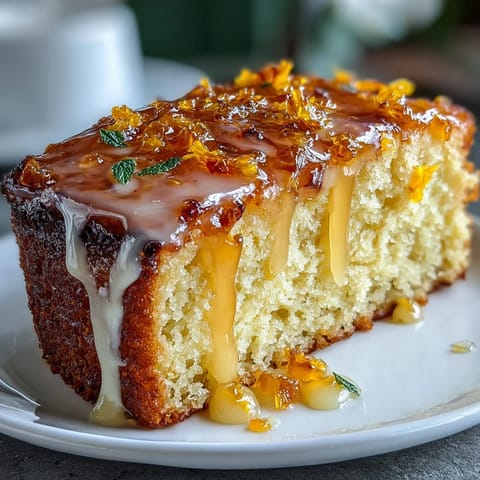 Freshly baked Heavenly Blood Orange Yogurt Cake with a bright citrus icing drizzle on a wooden board.