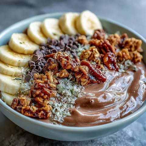 Chunky Monkey Smoothie Bowls topped with crunchy granola and sliced bananas in a white bowl.