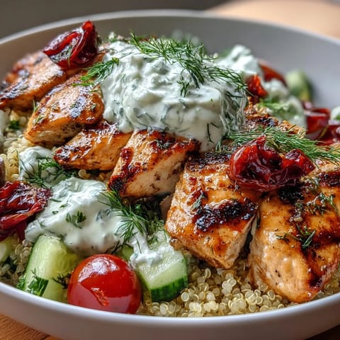 Warm quinoa and grilled chicken mingle with crisp veggies, Kalamata olives, and parsley in a colorful Greek Chicken Power Bowl ready for dinner.