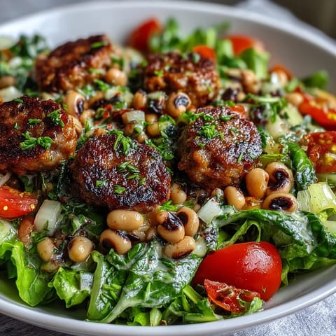 Dressed Hoppin John Style Black-Eyed Pea Salad with turkey sausage served on a white plate, garnished with tarragon.