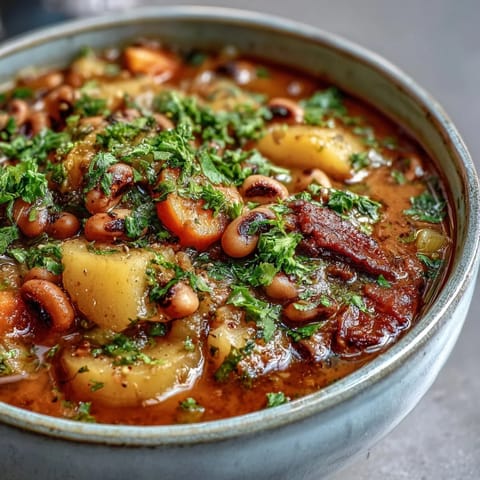 Bowls of Black-Eyed Pea Stew with Chefs Touch feature tender vegetables and fresh parsley garnish.
