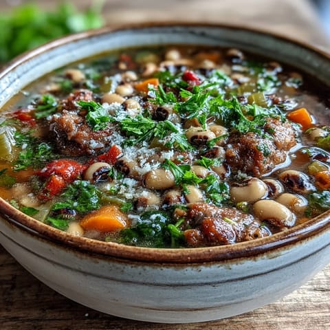 Close-up of Black-Eyed Peas and Sausage Soup garnished with fresh parsley and a sprinkle of Parmesan cheese.