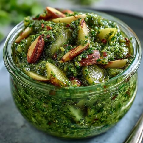 Fresh dandelion pesto with garlic and pine nuts, vibrant and aromatic, perfect for pasta or sandwiches.  