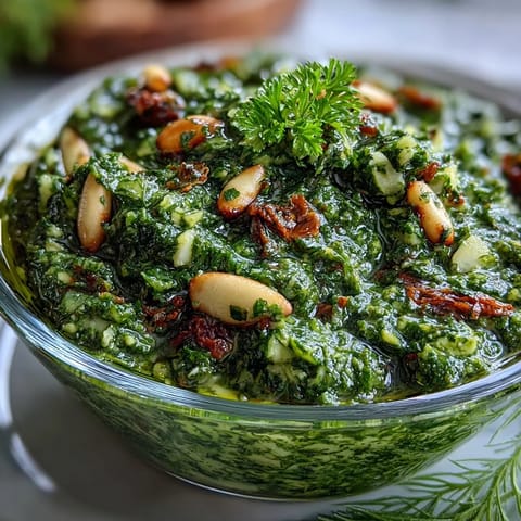 Creamy dandelion pesto made with garlic and toasted pine nuts, ideal for spreading or drizzling over vegetables.  