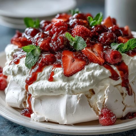 Delicate Mothers Day Pavlova with crisp meringue shell, fluffy whipped cream, and vibrant mixed berries, perfect for a festive spring dessert.