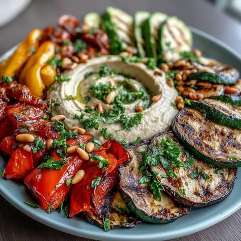 Grilled Veggie Platter with Hummus - colorful array of grilled vegetables served with creamy homemade hummus, perfect for summer gatherings or light meals.  