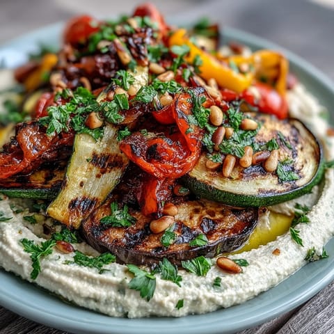 Vibrant grilled vegetable platter featuring zucchini, bell peppers, and eggplant, accompanied by smooth hummus and fresh herbs for a healthy, flavorful dish.  