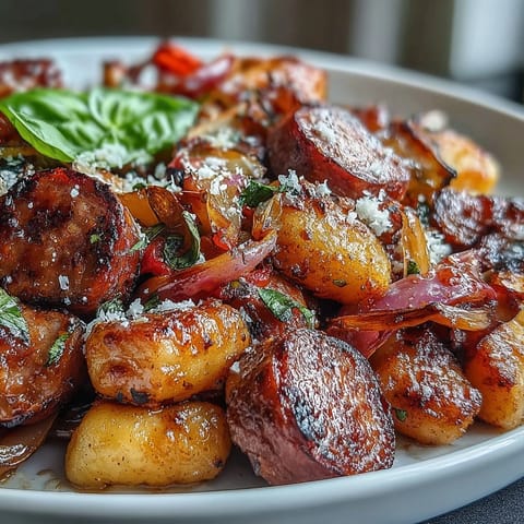 Sheet pan gnocchi with sausage and peppers, roasted to golden perfection, with tender vegetables and savory sausage slices.  