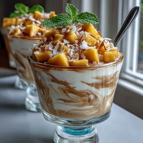 Creamy Mango Chia Pudding topped with fresh, juicy mango chunks and coconut.