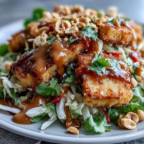 Vibrant Thai Mango Salad loaded with crispy tofu and creamy peanut sauce.