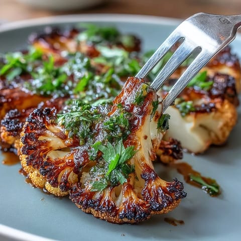 Smoky BBQ Cauliflower Steaks crowned with vibrant, zesty chimichurri sauce.