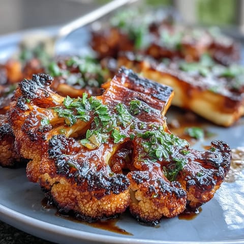 Grilled BBQ Cauliflower Steaks, glistening with herb-packed chimichurri, ready for serving.