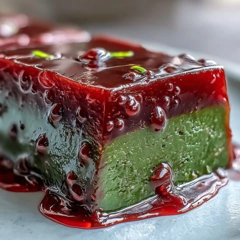 Yokan with matcha: layered Japanese red bean jelly, a refreshing, smooth dessert.