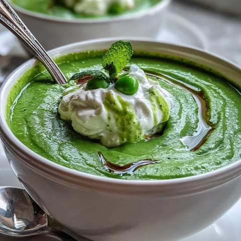 Vibrant Spring Pea Soup with fluffy whipped ricotta and bright mint oil.