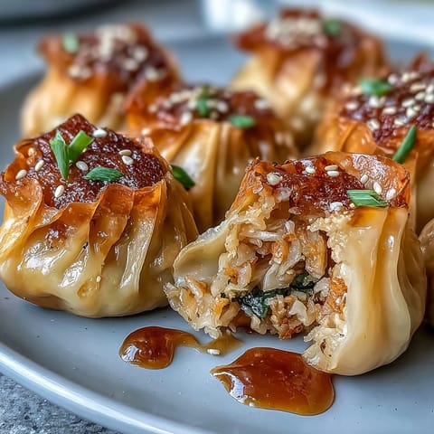 Golden pan-fried dumplings filled with seasoned cabbage and carrot, served with aromatic ginger soy dipping sauce.  