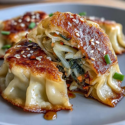 Crispy cabbage dumplings with golden bottoms, paired with a fragrant ginger soy sauce for dipping.  