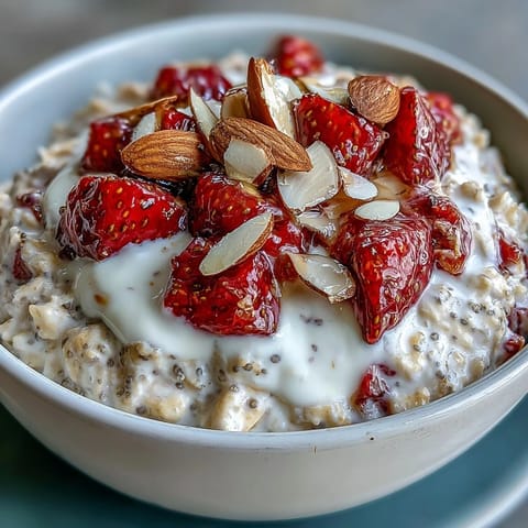 Creamy Strawberry Vanilla Overnight Oats with fresh berries ready for breakfast.