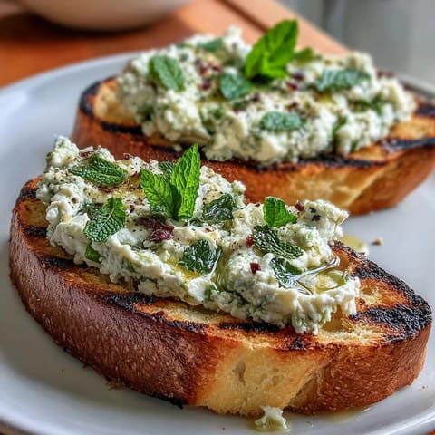 Fava bean and mint bruschetta on grilled sourdough, showcasing vibrant spring flavor.