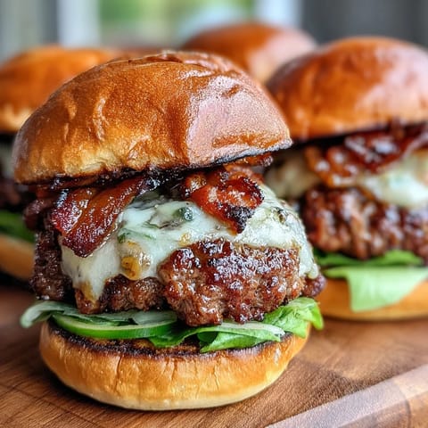 Close-up of an Easy Father's Day Grilled Bacon Burger Slider with melted cheese.