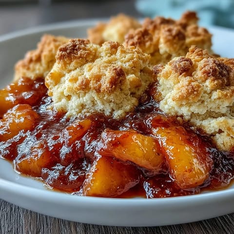 Juicy peach cobbler with biscuit topping baked golden brown and bubbling.