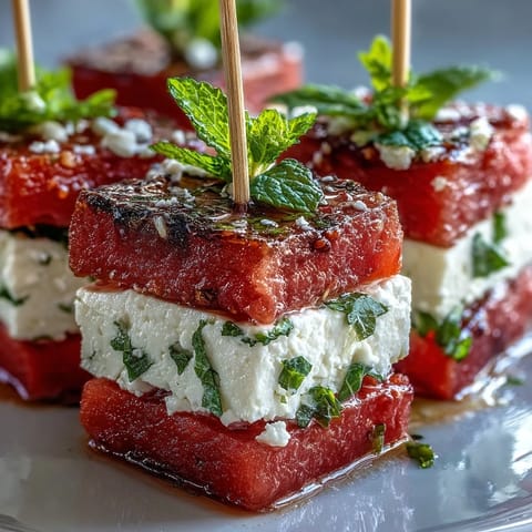 Vibrant watermelon feta bites on toothpicks, a juicy, refreshing Mediterranean appetizer.