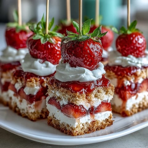 Mini strawberry shortcake bites stacked with fresh berries and cream on skewers.