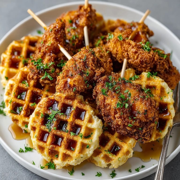 Homemade Chicken and Waffle Bites Recipe: Tiny skewers piled high, perfect brunch!