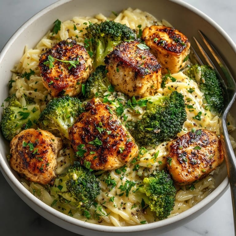 Creamy Lemon Pepper Chicken &amp; Broccoli Orzo Skillet: a flavorful, vibrant one-pan meal.