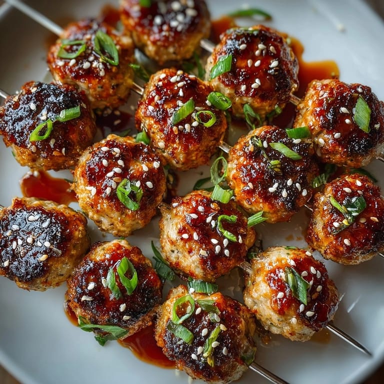 Savory mini Sriracha turkey meatball skewers—a simple appetizer with spicy kick.