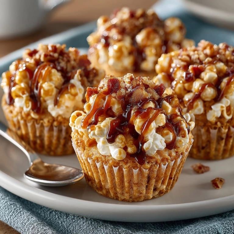 Homemade Maple Bacon Caramel Corn Cups drizzled with extra caramel, a delicious dessert treat.