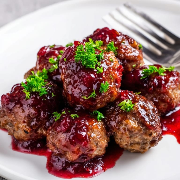 A batch of Sweet &amp; Savory Cranberry Meatballs baking on a sheet—festive appetizer.