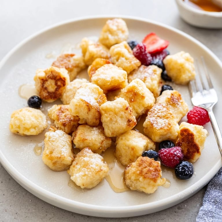 Homemade Scrambled Pancake Bites in a skillet, golden brown and ready to serve warm.