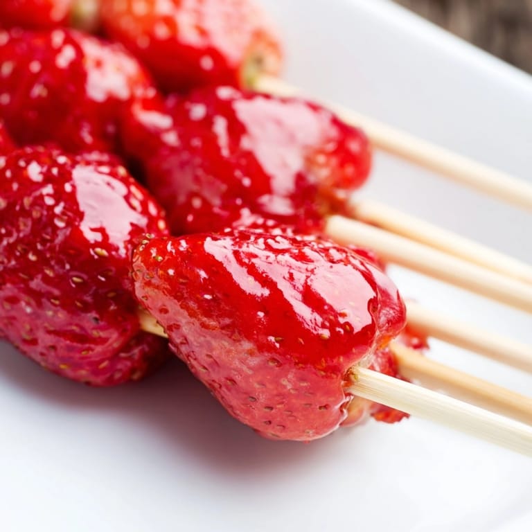 Close-up of homemade Candied Strawberry Tanghulu, ready to enjoy with its crystallized, hard shell.