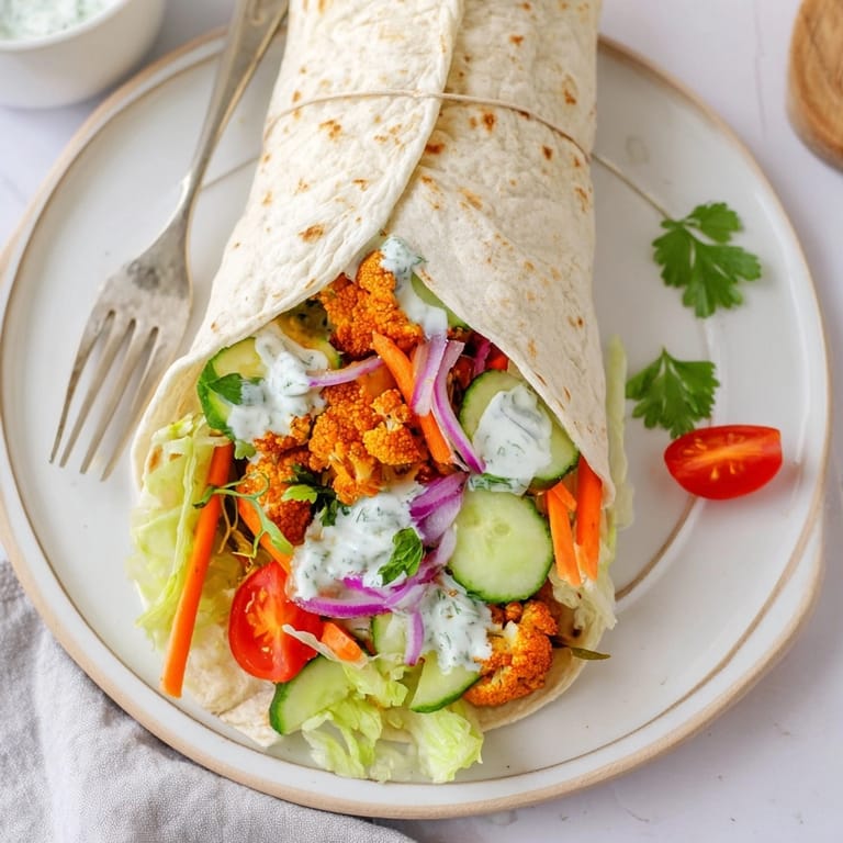 Close view of a delicious Vegan Buffalo Cauliflower Wrap cut in half, ready to eat.