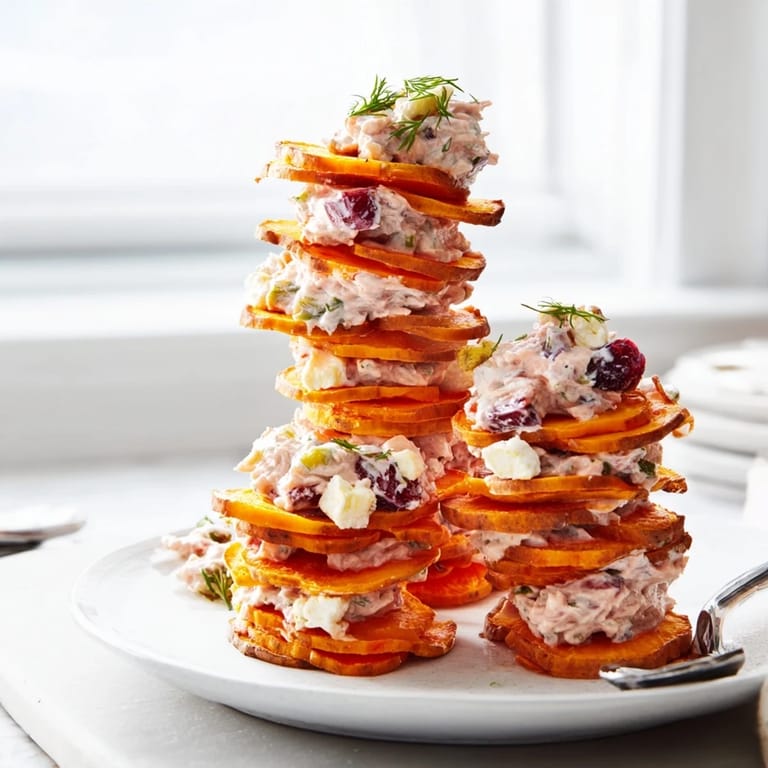 Colorful sweet potato stacks layered with creamy cranberry jalapeño dip and fresh herbs.