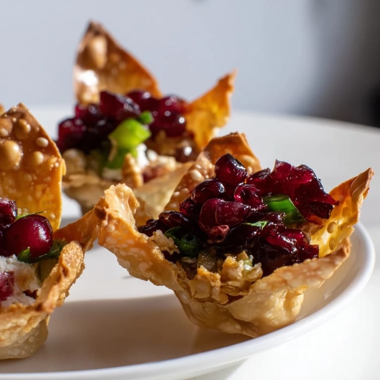 Colorful cranberry jalapeño dip nestled in crispy wonton cups for appetizers.  