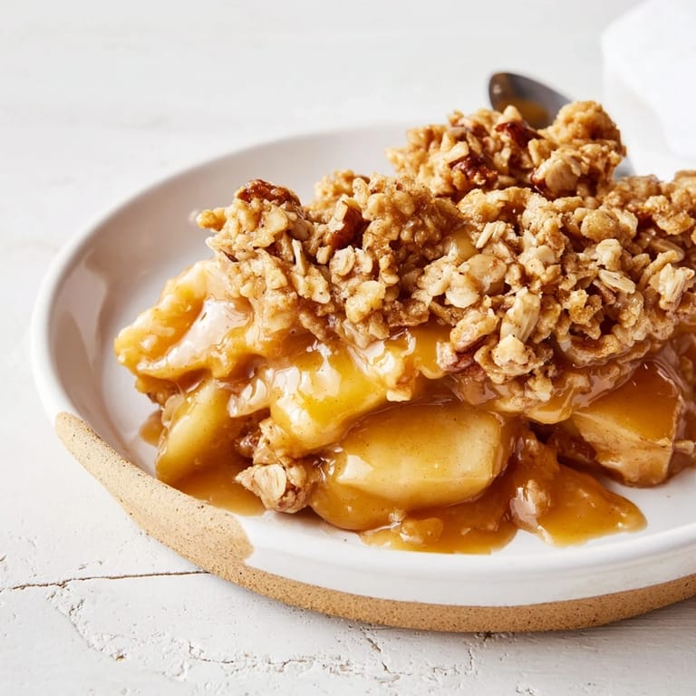 Delicious Maple Bourbon Caramel Apple Crunch, served warm with vanilla ice cream for comfort.